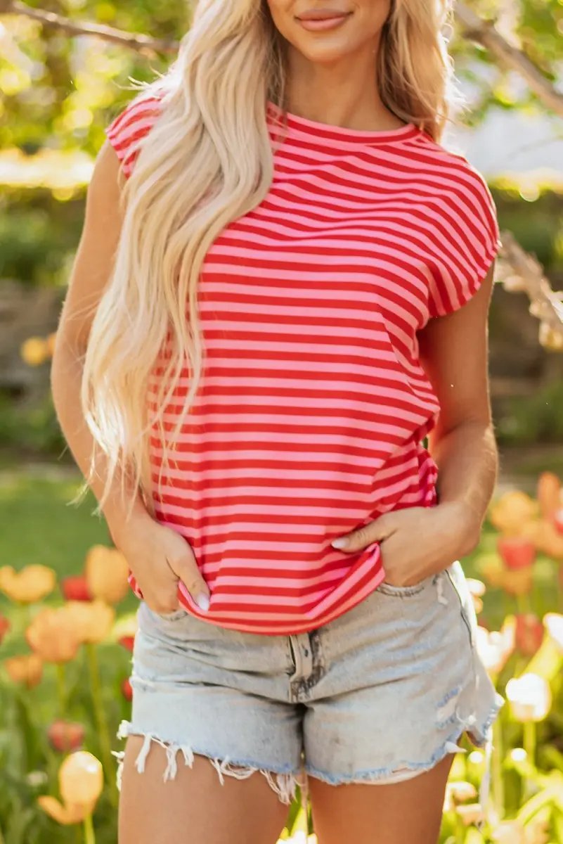 Red Stripe Ribbed Cap Sleeve Round Neck T Shirt for Women - Love Salve